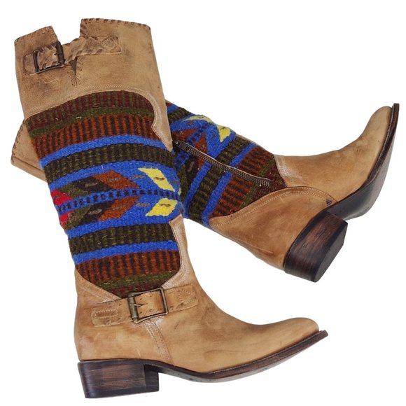 FREEBIRD BY STEVEN QUIXOTE TAN LEATHER WOOL BLANKET SOUTHWEST AZTEC BOOT QXOTE - Picture 2 of 15
